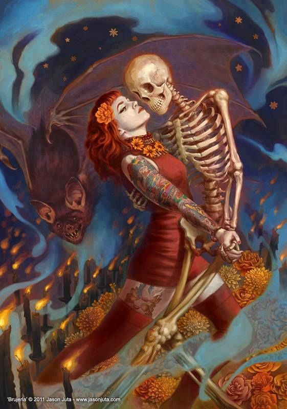 Deliciously dark and whimsical illustration by Jason Juta ...

#beautifulbizarre #jasonjuta #digitalpainting #digitalart #darksurrealism #darkart #fantasy #illustration #skeleton #couple #dance #bat #death #newcontemporaryart #art