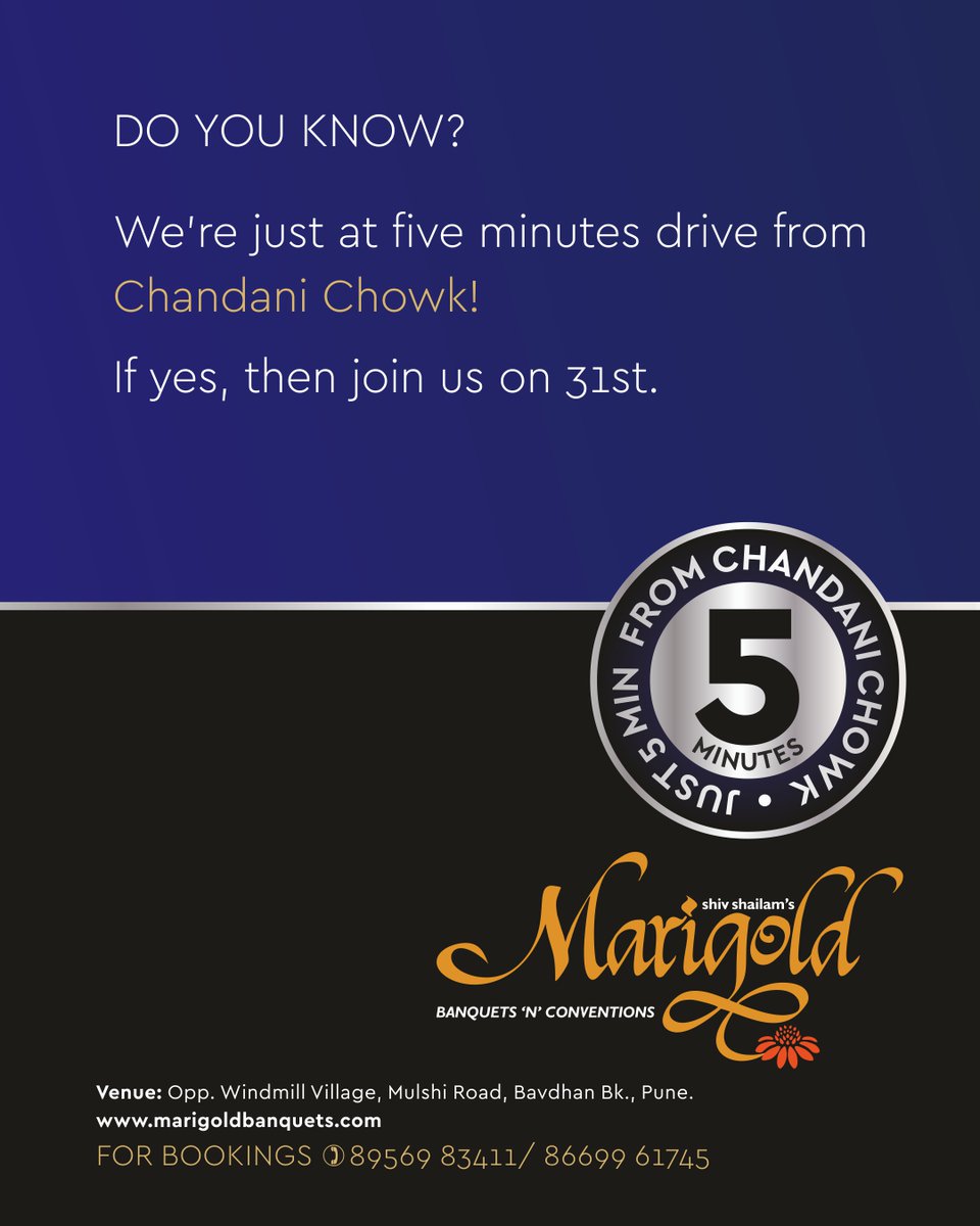 marigoldbanquet's tweet photo. DO YOU KNOW? We’re just at five minutes drive from Chandani Chowk?
If yes, then join us on 31st.
For early discounts & offers, Please contact +91 89569 83411. #DEC31ST #party #marigold #Pune #UnlimitedFood #UnlimitedDrinks #bollywood #EventsPune #djs #singers #MarigoldBanquets https://t.co/3uKL9Lhj10