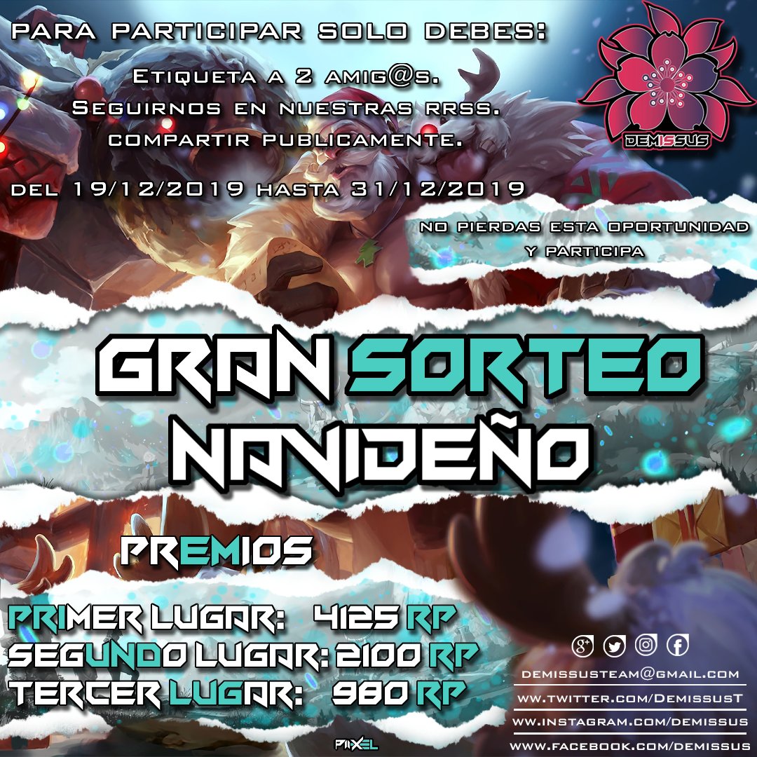 DemissusT's tweet photo. Hola comunidad de Demissus!! Esperando que estén bien y disfrutando de estas lindas fiestas, no queríamos ser menos, estamos sorteando estos grandes premios!!. Primer lugar:  4125 rp
Segundo lugar: 2100rp
Tercer lugar:  980 rp https://t.co/fGKJFCc9wl