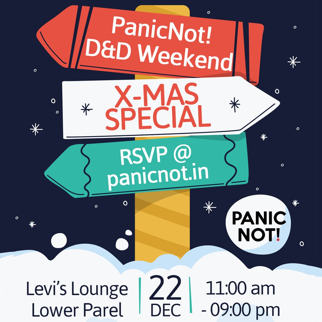 PanicNotIndia's tweet photo. It's time to share the gift of #DungeonsAndDragons. Bring your friends, put on your Santa's Cap and stock up on reindeer feed, because it's the #DnDWeekends #Christmas special. RSVP here: https://t.co/427Xsoxl2u
.
#DnDChristmas #DnDIndia #DungeonsAndDragonsIndia #DnD #XMas https://t.co/wrQDSaidLt