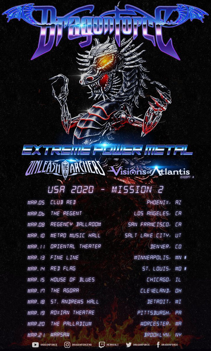 DragonForce's tweet photo. .@DragonForce USA 2020 tour dates with special guests @UnleashArchers #VisionsOfAtlantis | On sale tomorrow. All presale tickets and VIP eligible to enter raffle for 1 Herman Li custom guitar used on tour! More info: https://t.co/QrQ6ZOF8Lj https://t.co/QNj7Po0OyS
