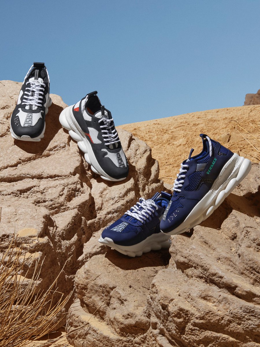 Versace's tweet photo. Crafted from nubuck and mesh, the newest iterations of the #VersaceChainReaction sneakers feature logo accents on the upper.
Shop now: https://t.co/cQxQt2he7B https://t.co/a1bJbdceJe