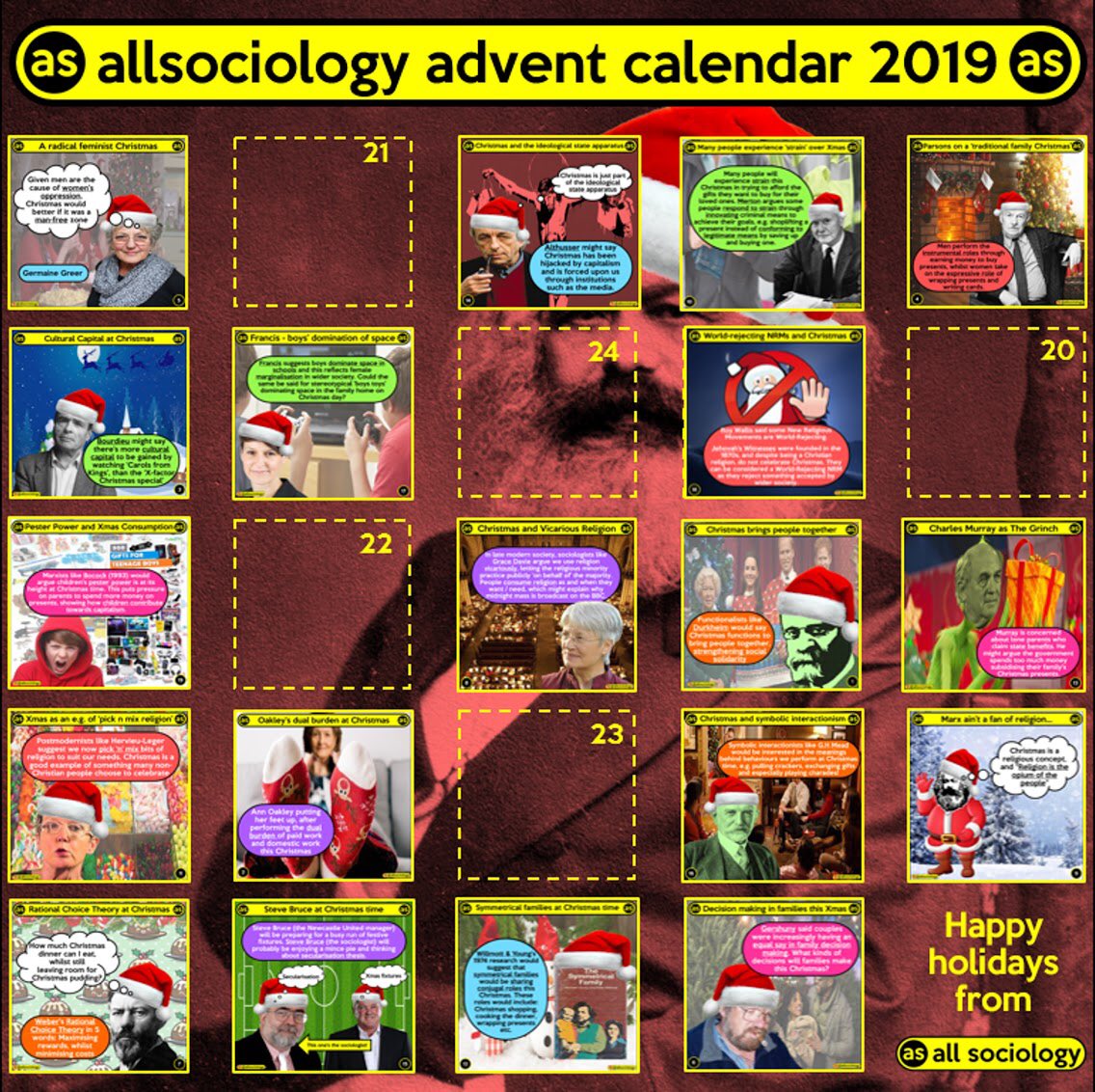 allsociology's tweet photo. Dec 19th: One way children can fuel capitalism at Christmas is through ‘pester power’.
Listen: https://t.co/idPcLK0Pis
#sociology #adventcalendar #christmas #SOCFAM #family #marxism #bocock #alevelsociology #gcsesociology #alevels #gcse #revision #allsociology https://t.co/g7bc7pT719