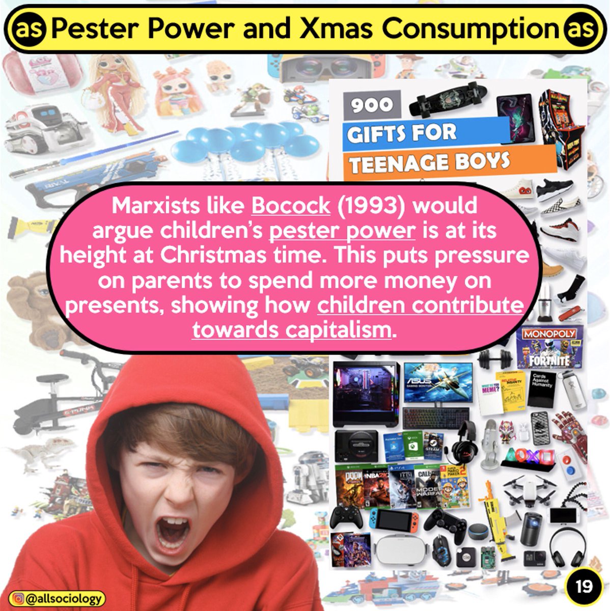 allsociology's tweet photo. Dec 19th: One way children can fuel capitalism at Christmas is through ‘pester power’.
Listen: https://t.co/idPcLK0Pis
#sociology #adventcalendar #christmas #SOCFAM #family #marxism #bocock #alevelsociology #gcsesociology #alevels #gcse #revision #allsociology https://t.co/g7bc7pT719