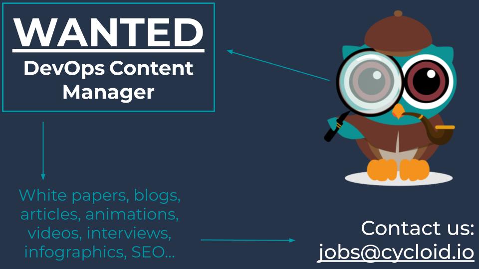 cycloid_io's tweet photo. Looking for a talented Content Manager breathing DevOps! Spread the word! We are eager to talk to them! The offer is here: https://t.co/rx5wJLEk4Q #Cycloid #DevOpsframework #ContentManager #joinus #newchapter #2020adventure https://t.co/gwBiBYmxrw