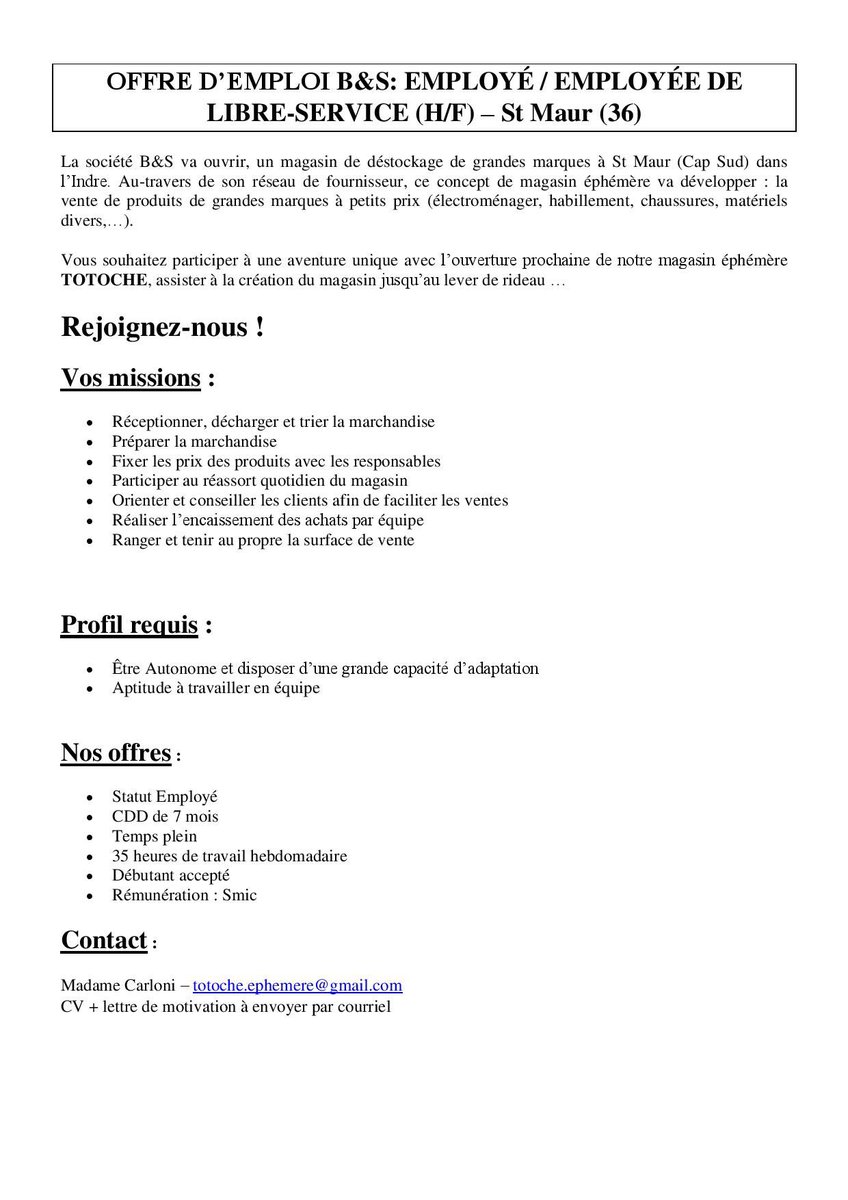 CampusCentre36's tweet photo. Notre partenaire : B&amp;S recrute à St Maur (36) pour son magasin éphèreme TOTOCHE.
contact : Mme CARLONI - totoche.ephereme@gmail.com https://t.co/hHrdBw3SJK