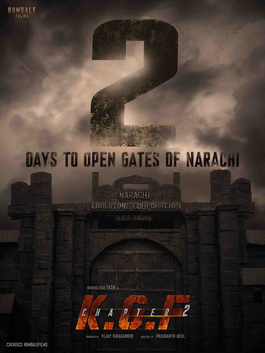 #KGFChapter2FirstLook 2days to go✌️It’s a magnum opus.
@hombalefilms @VKiragandur @prashanth_neel @TheNameIsYash @Karthik1423 @VaaraahiCC @excelmovies @SrinidhiShetty7 @bhuvangowda84 digital partner @SillyMonks #KGF #KGFChapter2 https://t.co/BXWviyDbgi