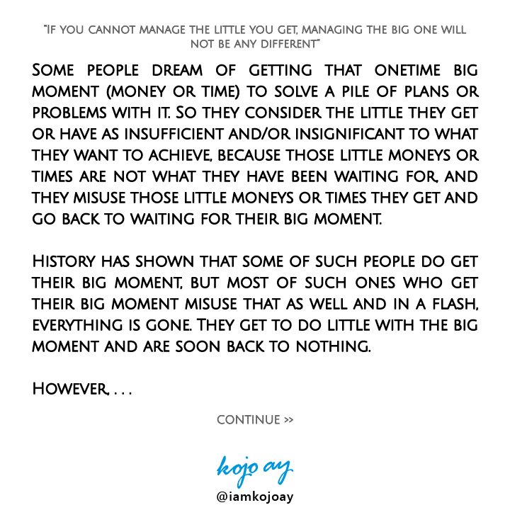 iamKojoAY's tweet photo. Manage the little you get!

» Is this helpful?

#wisdomquotes #knowledgequotes #motivationalquotes #inspirationalquotes #successquotes #selfdevelopmentquotes #timemanagement #moneymanagement #planning #goodplanning #financialmanagement #relationshipquotes #leadershipquotes https://t.co/vfQIVuz7gh