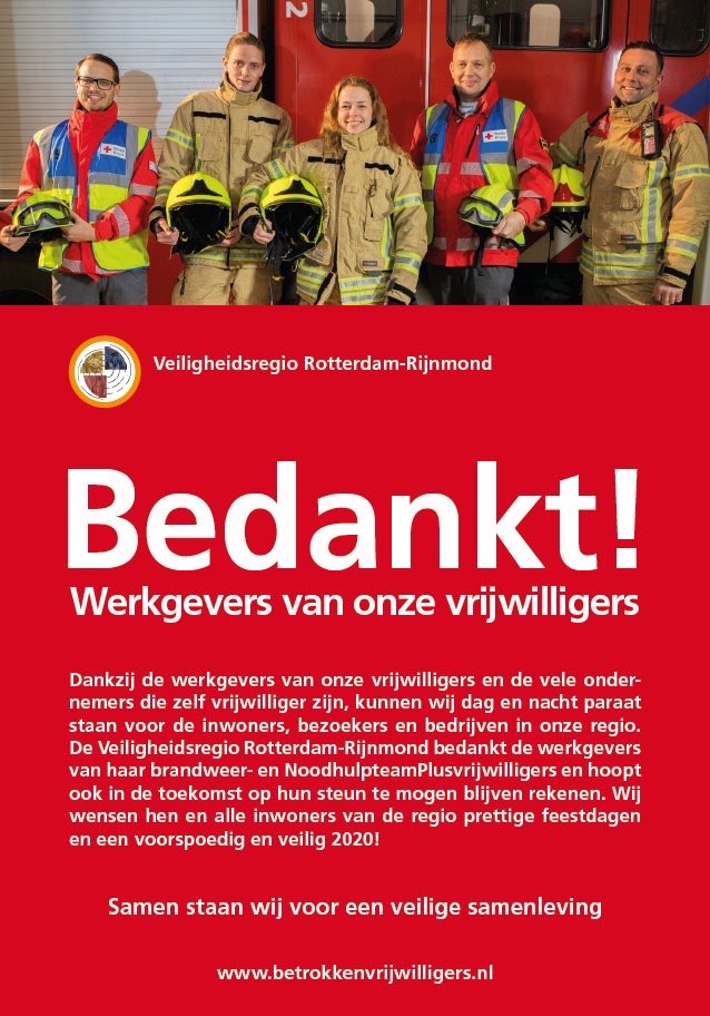 Ook wij zeggen dank aan onze werkgevers! Fijne en terechte aandacht van <a href="/Vr_RR/">Veiligheidsregio Rotterdam-Rijnmond</a> voor de noodzakelijke steun van onze werkgevers en ondernemers.