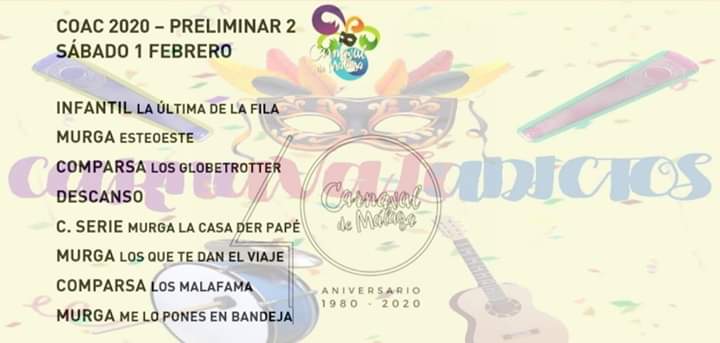 Preliminar 2 
#CoacMálaga2020

Sábado 1 Febrero

<a href="/MurgadeMerchan/">La Murga de Merchan</a>
<a href="/Madrid_Comparsa/">La Comparsa de Madrid</a> 
<a href="/murga_san/">La Murga de San Andres</a> 
<a href="/LaMurgadelCAMM/">La murga del CAMM</a>
<a href="/comparsa_kara/">La Comparsa del Kara</a> 
<a href="/PotiPotiTorrox/">Peña Poti-Poti</a>