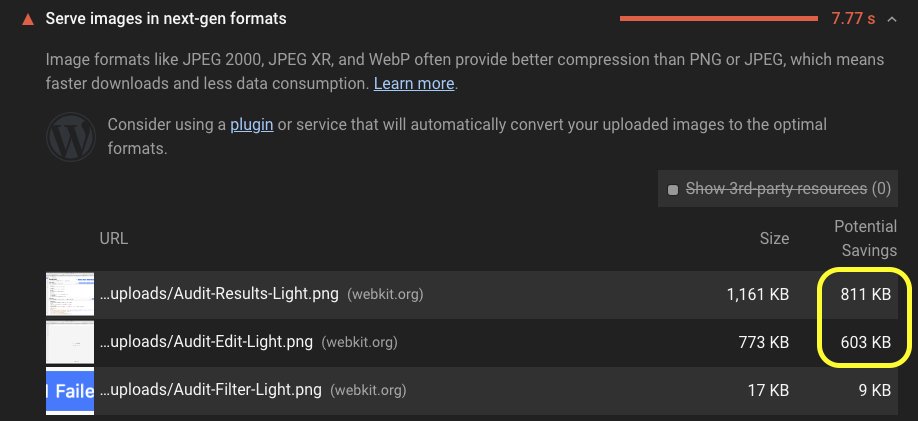 Lighthouse results cropped to the "use next-gen images" section showing massive savings potential.