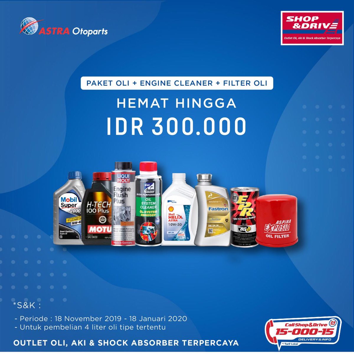 shopanddrive's tweet photo. Promo Paket Ganti Oli. HEMAT Hingga 300.000, utk Penggantian Oli 4 ltr + Engine Cleaner + Filter Oli.
Detail Promo: https://t.co/7Qt3zWJc7r
s.d 18 Januari 2020.
#SnDPromo #OliMesin #ShellHelixAstra #Motul #Mobil1 #Fastron #LiquiMoly #Bluechem #BGEPR https://t.co/dfA6TE5Ykl