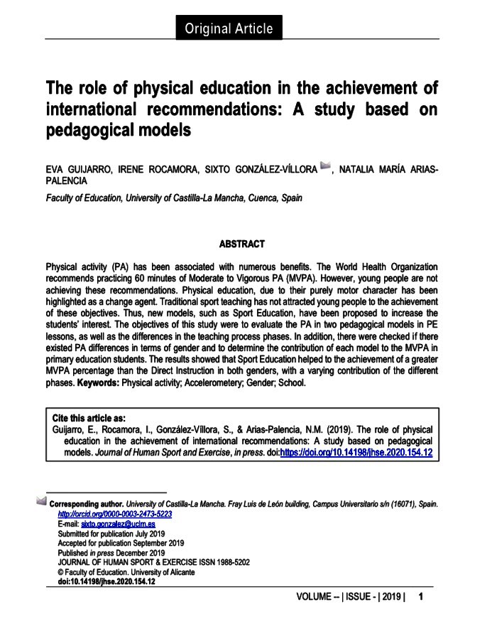SixtoGonzalezV's tweet image. ✅ New research: The role of physical education in the achievement of international recommendations: A study based on pedagogical models
@EvaGuijarroJa, @Irenee44 @SixtoGonzalezV &amp;amp; @Nati_jm
👉🏻JHSE
👉🏻 rua.ua.es/dspace/bitstre…
👉🏻 #edufis #PhysicalActivity #pedagogicalmodel #BeActive