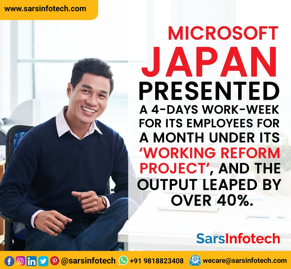 Productivity should be high on any favorable possibility like the Japanese!

@MicrosoftIndia @IBMMEA @Infosys @Wipro @Google @TCS

#productivity #productivitytips #productivityhacks #productivityplanner #productivityhabits #work #tech #enterpreneur #PR #Agency #ITcompany