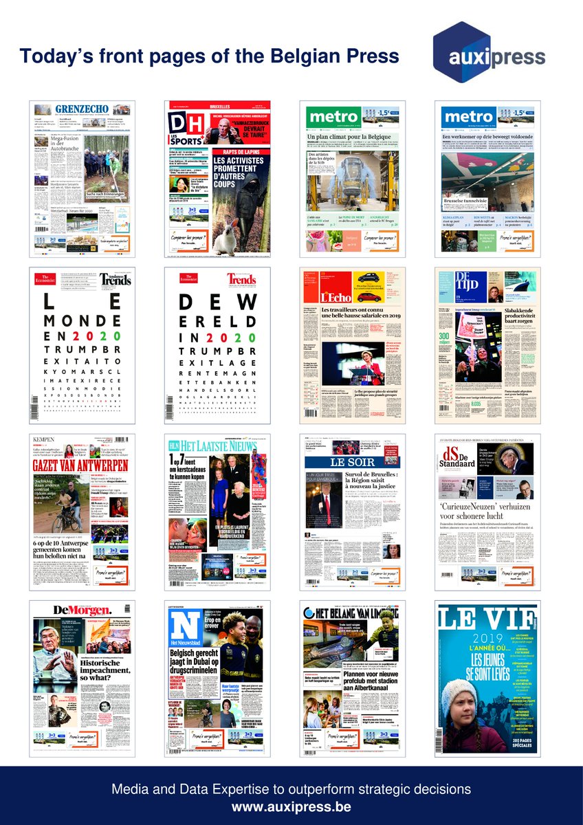 #Newsoftheday - Discover today's front pages of the #BelgianPress 🧐📰💡!
#JO2020 #Sports #SNCB #Greve #Diplome #Belgique #Bio #Rapts #Climat #klimaat #deathpenalty #USA #Trump #Stib #anderlecht #Tunnelvisie #Klimaatplan #BenWeyts #Macron #Brexit #Ai #Tokyo #Mars #Climate #Fisc