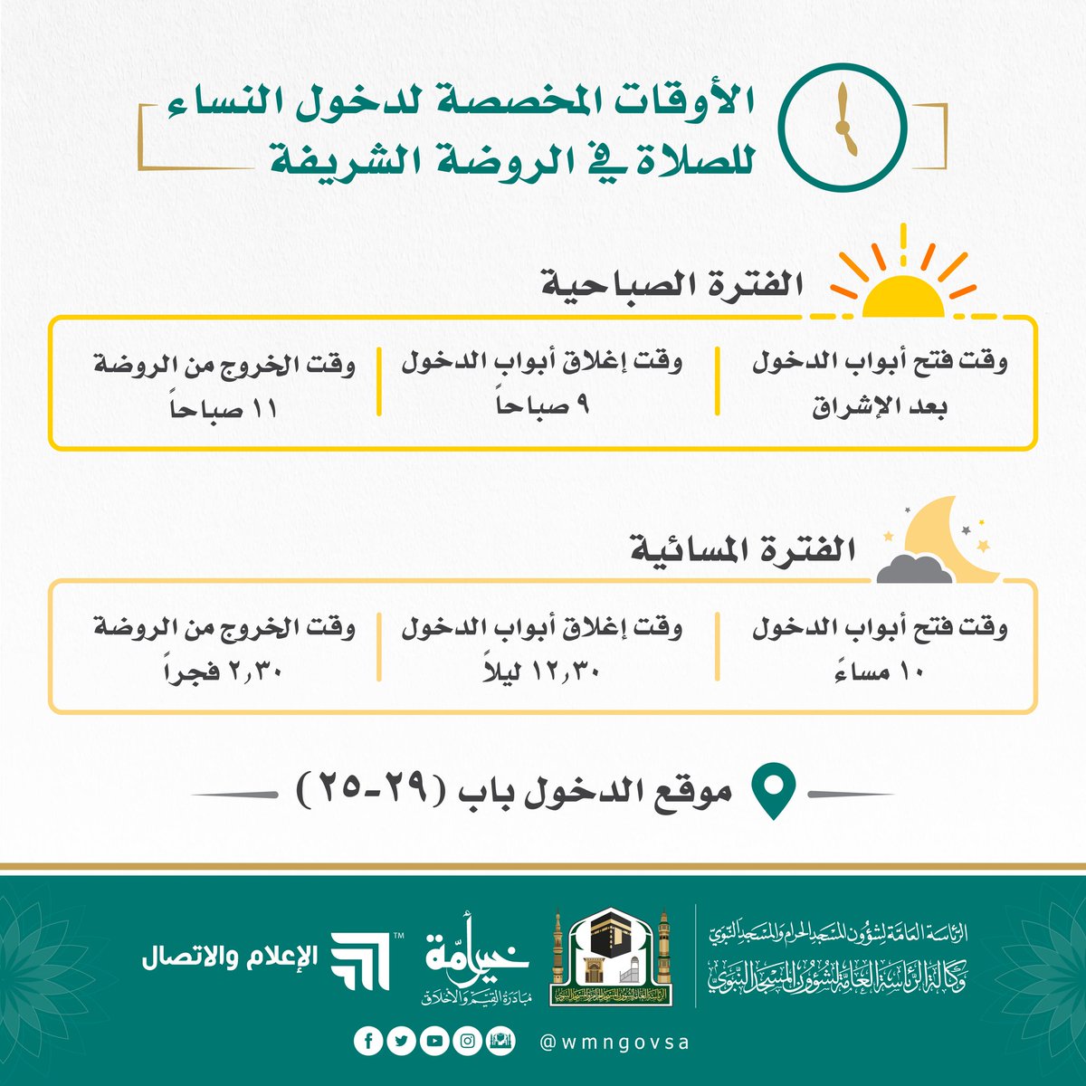لمدة 5 أيام وكالة المسجد النبوي تغير مواعيد زيارة النساء لـ الروضة صفوى اليوم