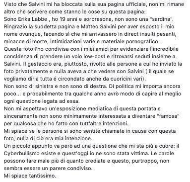 finalmente la realtà: una ragazza scherza con gli amici, il gesto è frainteso (anche da me) e lei finisce, per la “leggerezza” di un politico che avrebbe dovuto usare più cautela, in questo gigantesco generatore di odio e malintesi. È capitato -mutatis mutandis- anche a me.