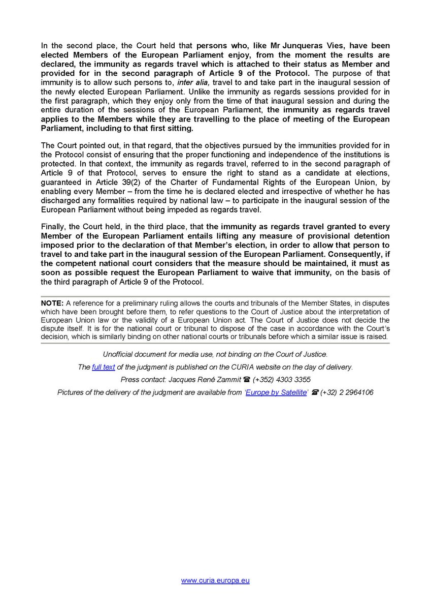 EU Court of Justice (@eucourtpress) on Twitter photo #ECJ: a person elected to the #EP acquires the status of MEP at the time of the official declaration of the results and enjoys, form that time, the immunities attached to that status + EMBEDED PRESS RELEASE #Junqueras <a href="/junqueras/">Oriol Junqueras 🎗️</a>
curia.europa.eu/jcms/jcms/Jo2_… #ECJ: a person elected to the #EP acquires the status of MEP at the time of the official declaration of the results and enjoys, form that time, the immunities attached to that status + EMBEDED PRESS RELEASE #Junqueras <a href="/junqueras/">Oriol Junqueras 🎗️</a>
curia.europa.eu/jcms/jcms/Jo2_…