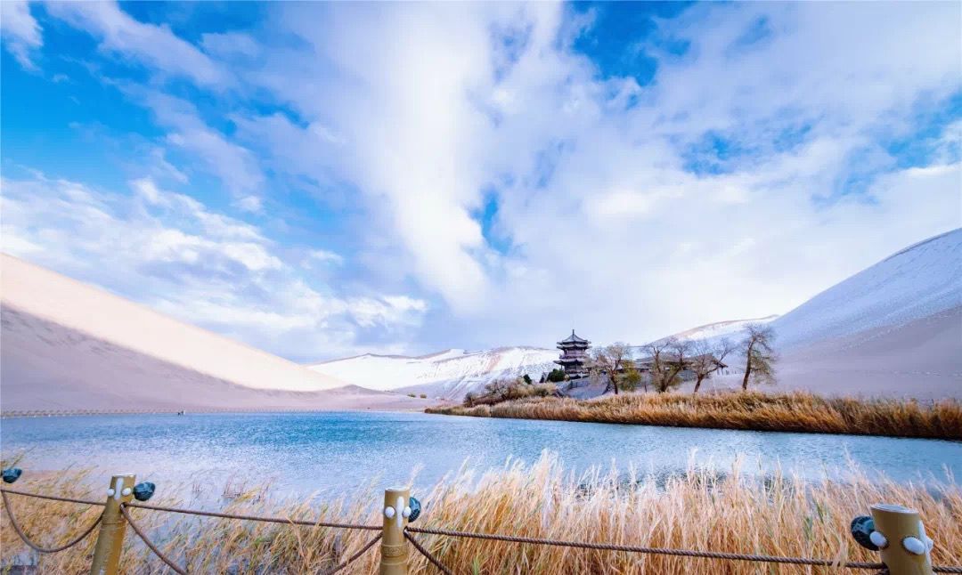 visit_dunhuang's tweet photo. 冬天的敦煌上雪花漫舞，鳴沙山上黃燦燦的細沙鋪上壹層潔白的積雪，與月牙泉畔金色的蘆葦蕩壹起，交相輝映出壹幅別樣的大漠雪景圖，簡直美不勝收。 https://t.co/PkysQ46jbX