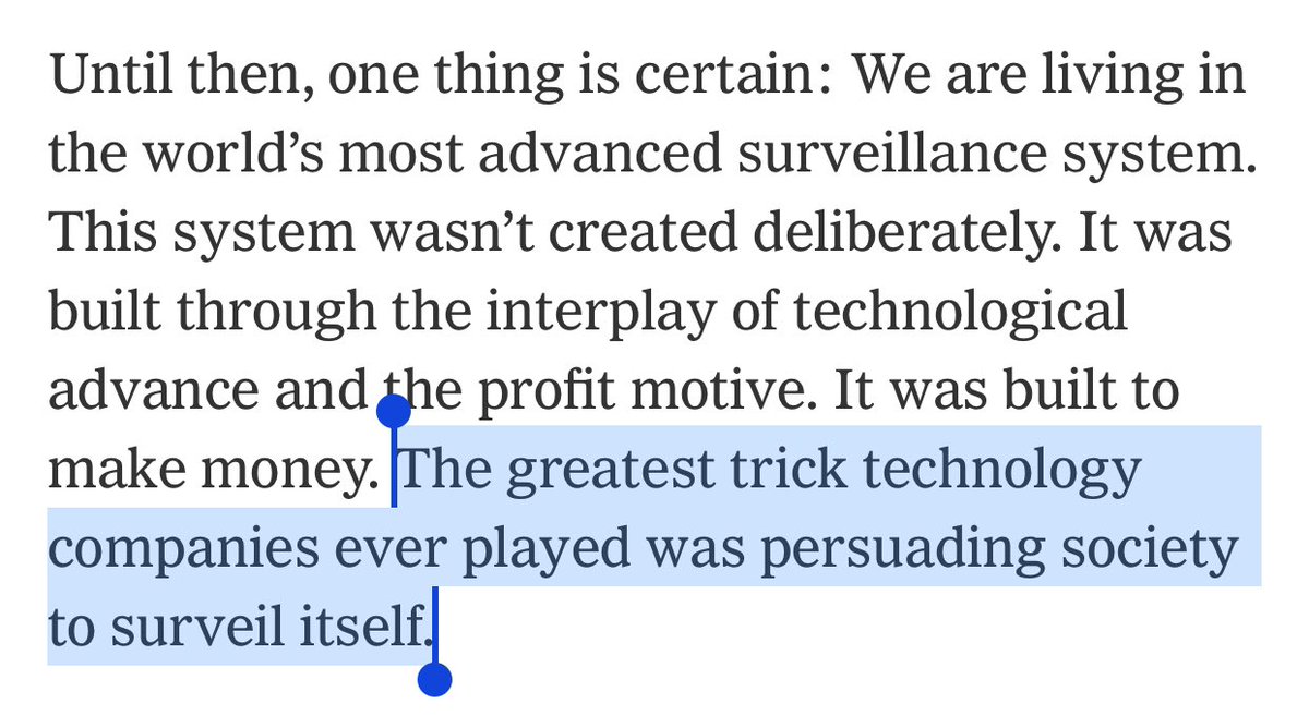 this piece on location data is revealing &amp; important but my kingdom for reporting that doesn’t still frame surreptitious &amp; functionally unavoidable surveillance as an individual failing rather than the intentional project of corporations &amp; their enablers nytimes.com/interactive/20…