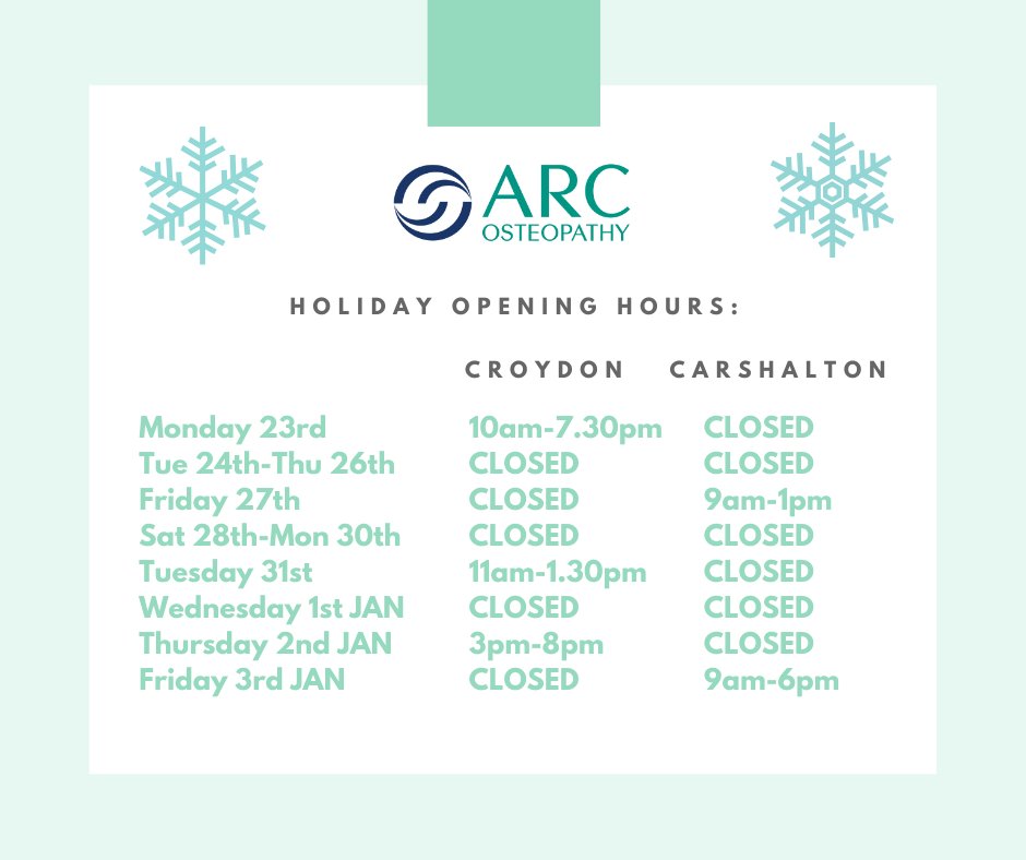 ARC_Osteopathy's tweet photo. Will you see your Osteopath this festive period? We are operating holiday opening hrs in both #Croydon &amp; #CarshaltonBeeches clinics. Please check before you book: 020 8681 4951
#osteopthy #osteopath #croydonosteopathy #osteopathcroydon #festiveperiod #openinghours #happyholidays https://t.co/8hhGmuRZNR