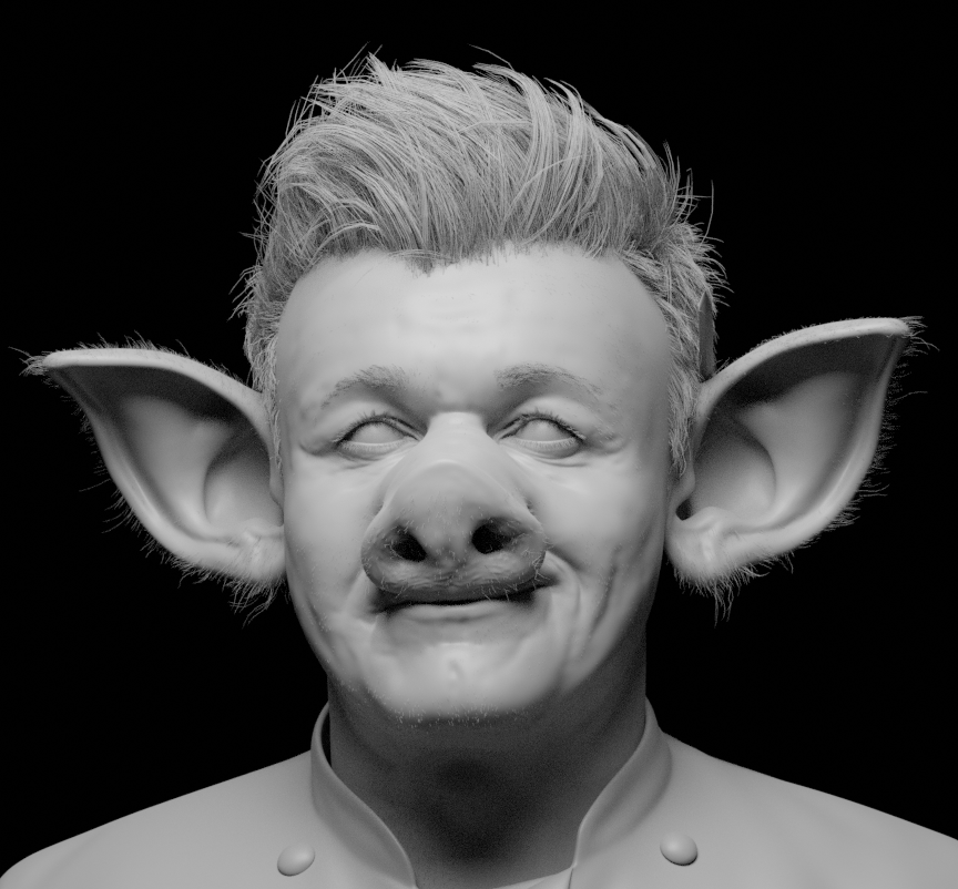 Finished most of the grooming: head hair, nose/ear hair, vellus hair, eyebrows, eyelashes..etc Now I have to fine tune his chef coat and start to pull all the elements together. #FOTWStudio #b3d #cycles #zbrush