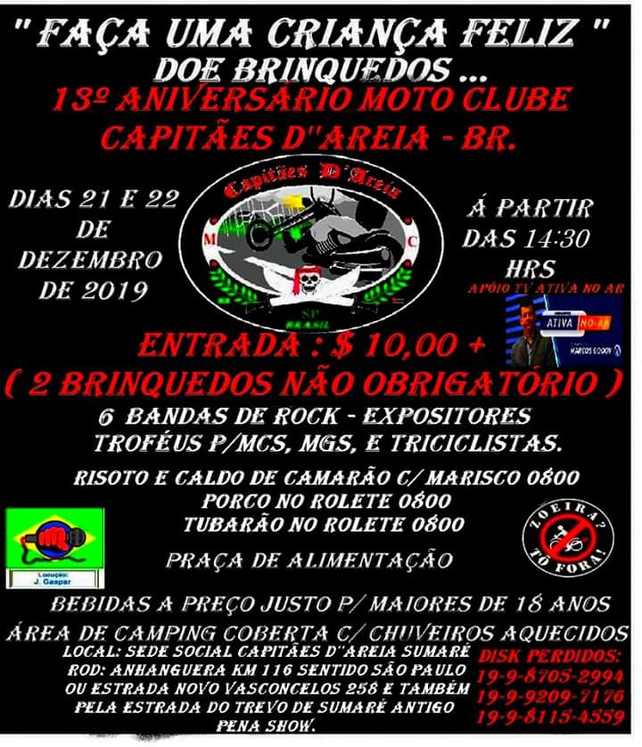 esmcbrasil's tweet photo. Encontro de Motos - 13º Aniversário Capitães d´ Areia Moto Clube Sumaré/SP - 21 e 22/12/2019
#capitãesdareiamc
#encontrodemotos
#sumaresp
#social
#motoclubecapitaesdareia
#doeumbrinquedo
#motoclube
#motociclismo
#espiritoselvagemmc
#esmcbrasil
#esmcsocial https://t.co/Xx4XB2ynvM