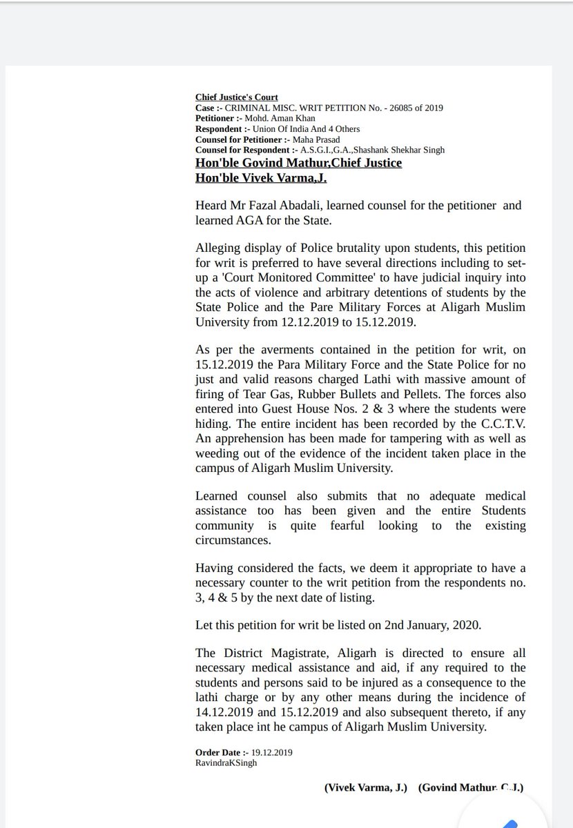 TheLeaflet_in's tweet image. Allahabad High Court directs District Magistrate of Aligarh to ensure all necessary medical assistance&amp;amp; aid to the students said to be injured as a consequence to the lathi charge or by any other mean on the campus of AMU. Notice issued. Next hearing on 02.01.2020

#AMUprotest