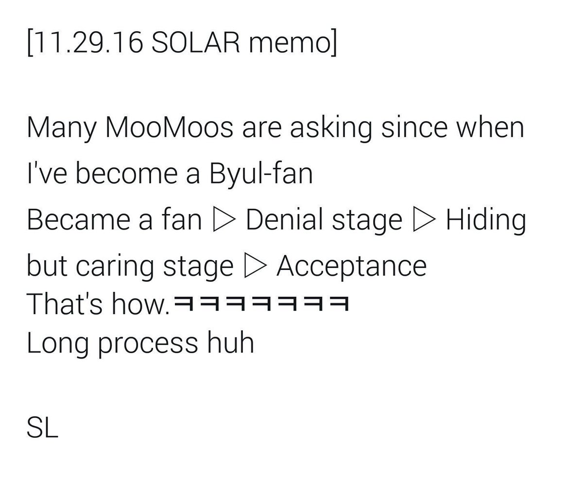 the way yong describes the long process of becoming a Byul-fan on a fancafe memo- Became a fan- Denial stage- Hiding but caring stage- Acceptancesounds very similar to another process of acceptance that some people go through 