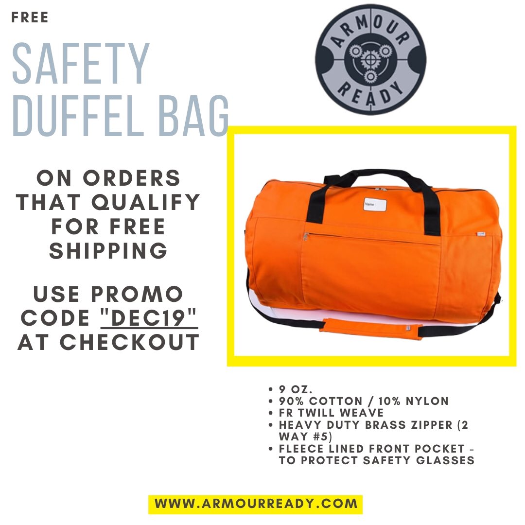 armourready's tweet photo. 𝗧𝗵𝗶𝗻𝗸 𝗮𝗯𝗼𝘂𝘁 𝘀𝗮𝗳𝗲𝘁𝘆 𝘁𝗵𝗶𝘀 𝘄𝗶𝗻𝘁𝗲𝗿.  Armour Ready wants to give you a FREE FR Safety Duffel Bag on orders that qualify for free shipping! ⁣⁣
⁣⁣
Check out some of our gear to keep you warm and safe this holiday season🎄. ⁣⁣
⁣⁣
https://t.co/HNI0sx0PrU https://t.co/wFicCLAVTW