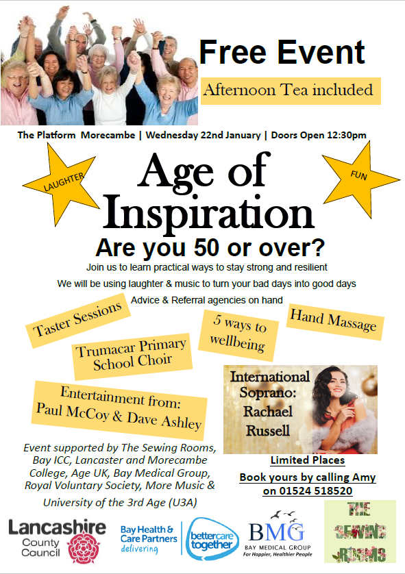 MorecambeBHCP's tweet photo. Are you aged 50 or over? Join us and learn practical ways to stay strong and resilient @LancashireCC @bay_medical #BayICC @SewFabAcademy @age_uk @LMCollege @RoyalVolService https://t.co/qSZ1bgB97K