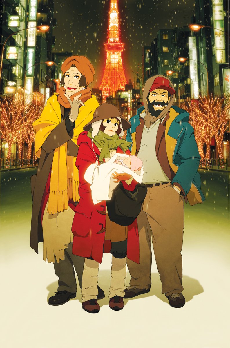 A trio stands in front of the Tokyo tower. There is a young woman in a big red coat and a hat holding a newborn baby. To her side is a gruff middle-aged man with his hands in his pocket. He is dressed in khakis and a blue jacket, with a hat. To her right is a middle-aged woman dressed in a large brown coat with a yellow scarf, posed elegantly.