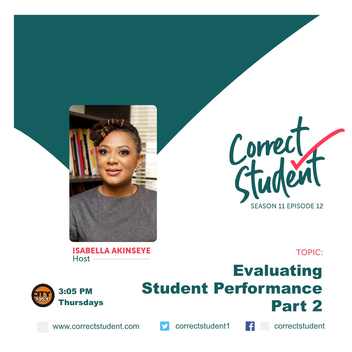IsabellaAdediji's tweet photo. I will be continuing from last week’s discussion on evaluating student performance on today’s episode of @correctstudent1. Tune in NOW to @city1051 FM or listen online at https://t.co/oqrZgG00bt #CorrectStudent #RadioShow #IsabellaAkinseye #EducationalShow #StudentPerformance https://t.co/rVebCcTazm