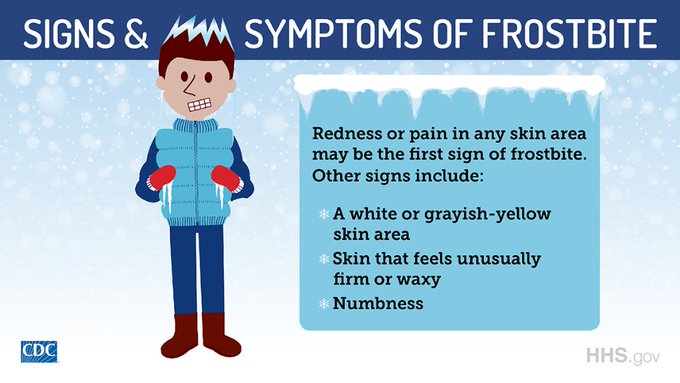Frostbite signs and symptoms can include:
-A white or grayish-yellow skin area
-Skin that feels unusually firm or waxy
 -Numbness