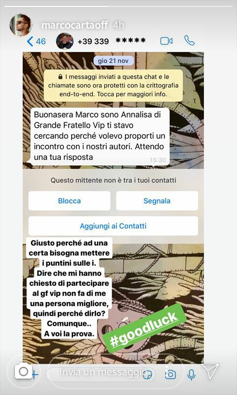fuori__onda's tweet photo. Marco Carta al #GFVIP? 
Dopo tante voci insistenti, il cantante giorni fa smentisce la notizia nel suo profilo instagram. 
Ieri sera Alfonso Signorini nella trasmissione #CR4 afferma che nessuno gli ha mai chiesto di partecipare. Marco stamattina pubblica questo 👇 
W la verità! https://t.co/pUzYb85yFW