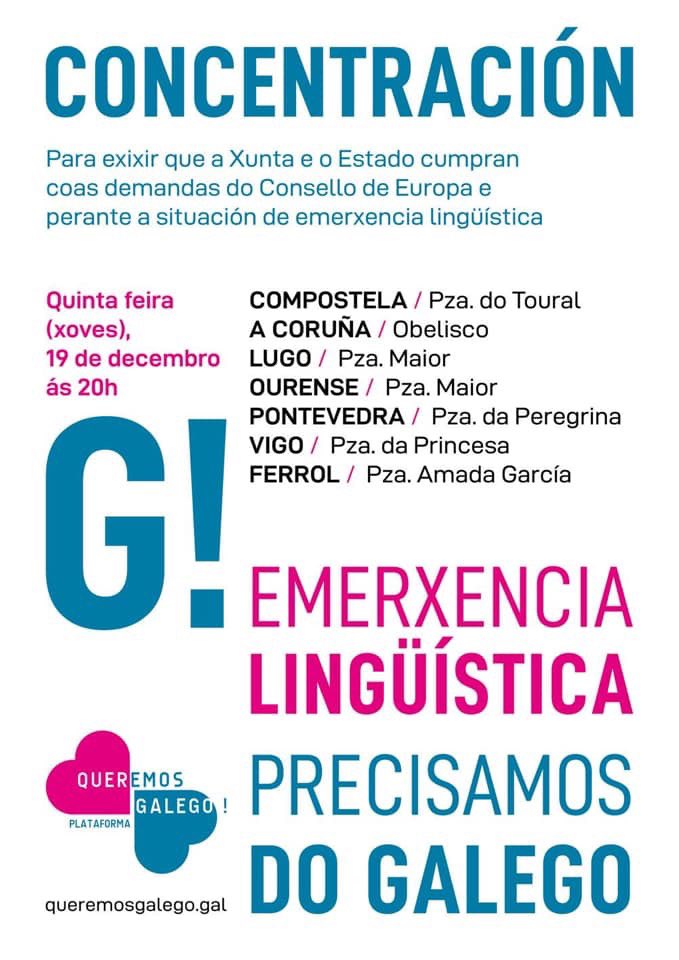 Aquí tendes os lugares das concentracións en defensa do galego que haberá hoxe por toda Galicia sumádevos para esixir que a Xunta cumpran coas demandas do Consello de Europa #QueremosGalego #EmerxenciaLingüïstica