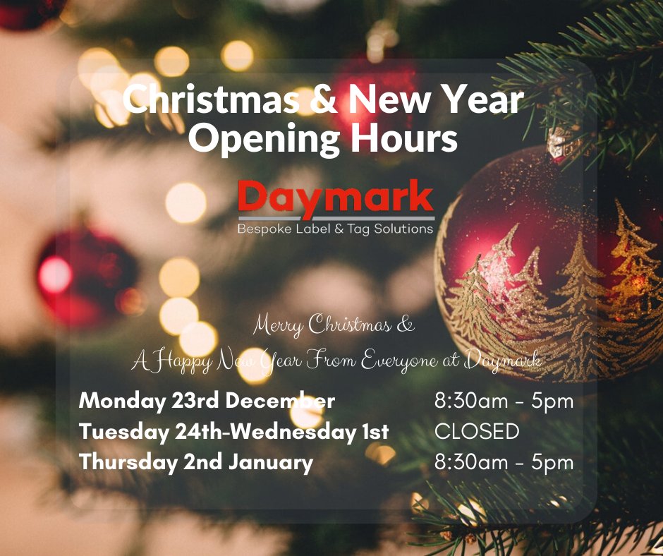 Our Christmas hours update is now live on our news page!

For details about our Christmas and New Year opening hours as well as information about placing orders over Christmas have a read of our Christmas news post!

daymark.co.uk/news/christmas…