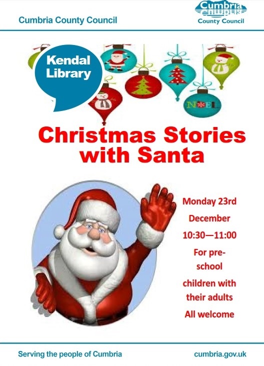Cumblibraries's tweet photo. Father Christmas is coming to Kendal Library!!  Come and meet the man himself and enjoy some seasonal stories!  #Kendallibrary https://t.co/EDy9as5UpP