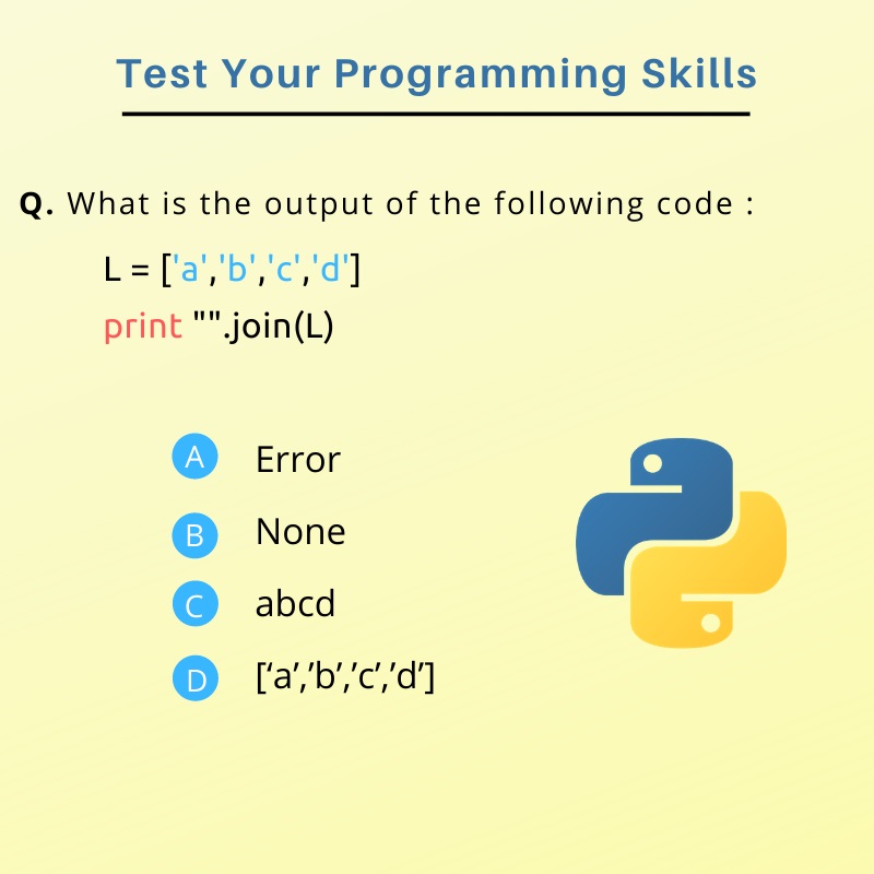 academyforiot's tweet image. Test your Python Programming Skills.
Learn Python Coding and Functions in one day Python Workshop.
#PythonQuiz #PythonWorkshop #PythonInterviewQuestion #Python For more learn ... bit.ly/34hckkp