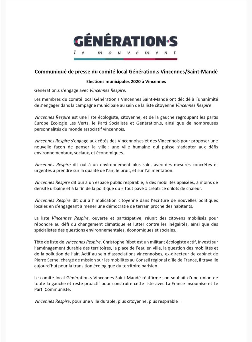 G_Vincennes's tweet photo. Communiqué de presse
 Élections municipales 2020 à Vincennes. 
Le comité local Génération.s Vincennes/Saint-Mandé s'engage avec @Vincennes2020

#Municipales2020
#Vincennes
#VincennesRespire
#VincennesMaVille
#ValDeMarne
#IleDeFrance https://t.co/EFHW7UV8So