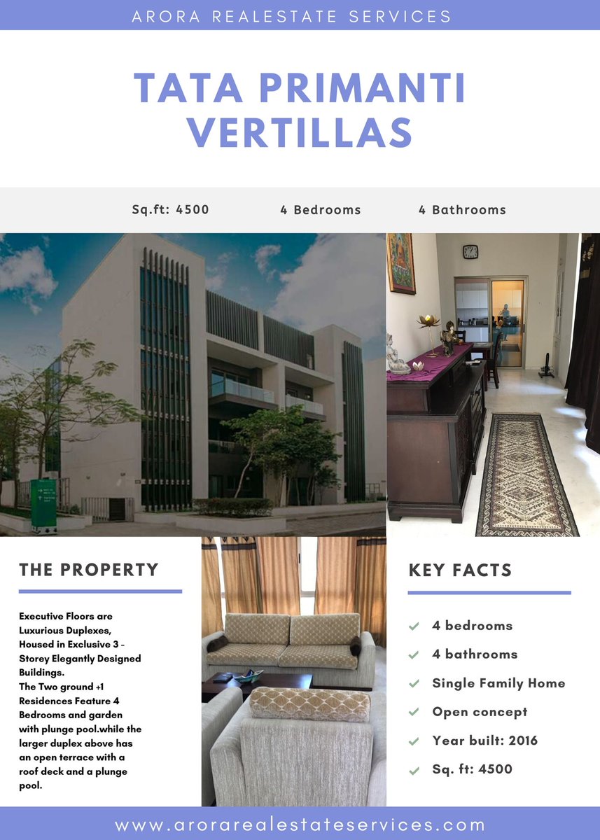Rahul__ARES's tweet photo. For SALE - TATA PRIMANTI, 4500 SQ.FT. DUPLEX 4BHK EXECUTIVE FLOORS With Pool and Open Terrace.
For Site Visits/ other info Call
Dalip Arora - 9811019000, 8700429888
ARORA REAL ESTATE SERVICES
#newhome #househunting #investment #forsale #spr #tataprimanti #sector72 #gurugram. https://t.co/rGnEqNeI4c