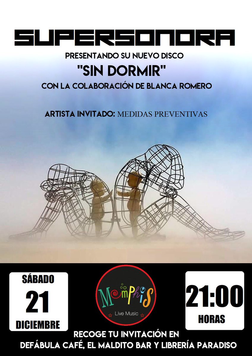 MemphisGijon's tweet photo. Este sábado 21, tenemos la increíble suerte de que nos hayan elegido Supersonora para presentar su nuevo trabajo, a las 21:00! Puedes recoger tu invitación en Defábula Café, El Maldito Bar y Librería Paradiso. https://t.co/ZDv8UeiAIi