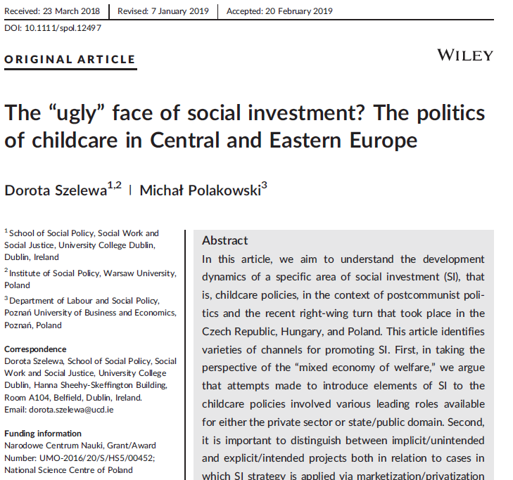 Our article now published in an issue in Social Policy & Administration @spaajournal #Socialinvestment #VisegradCountries #V4 #childcare #rightwing tinyurl.com/v7ug4n7