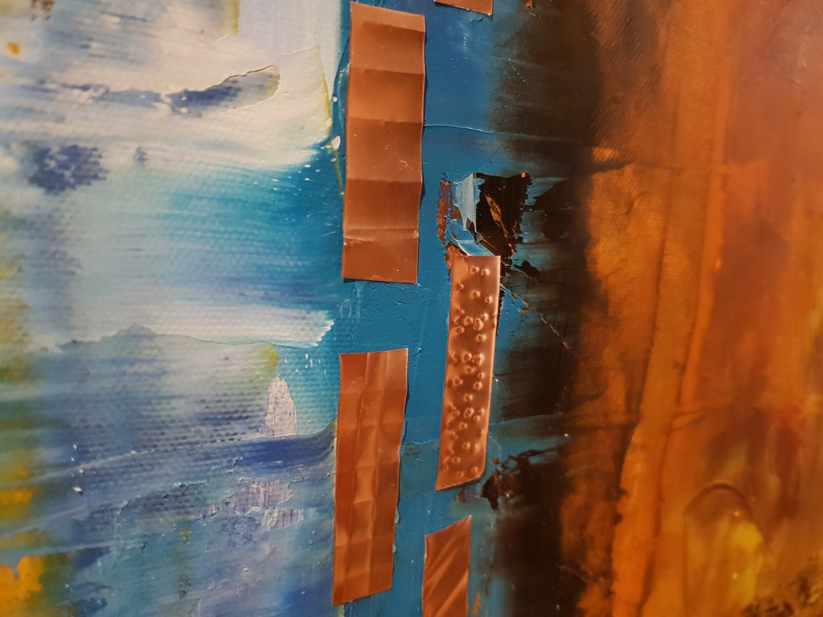 Esta preciosura tiene aplicaciones de piedras de cuarzo, cobre, aluminio de latas de bebida y textiles. 
Oleo sobre tela, 110x80cm
.
.
#abstractart #arteabstracto #oiloncanvas #oilpainter #canvasart… instagram.com/p/B6QB_ogn0gx/…