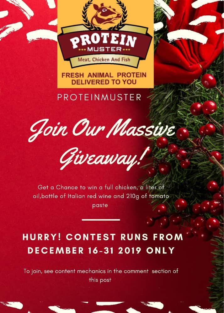 ProteinMuster's tweet photo. Protein muster is at it again, get a chance to win a full chicken, a liter of oil, bottle of Italian red wine and 210g of tomato paste and a lot more, all you have to do is follow us on Instagram, participate in the on going activity before 31st to win. Merry Christmas 😁🌲 https://t.co/NSO2tc2Fb8