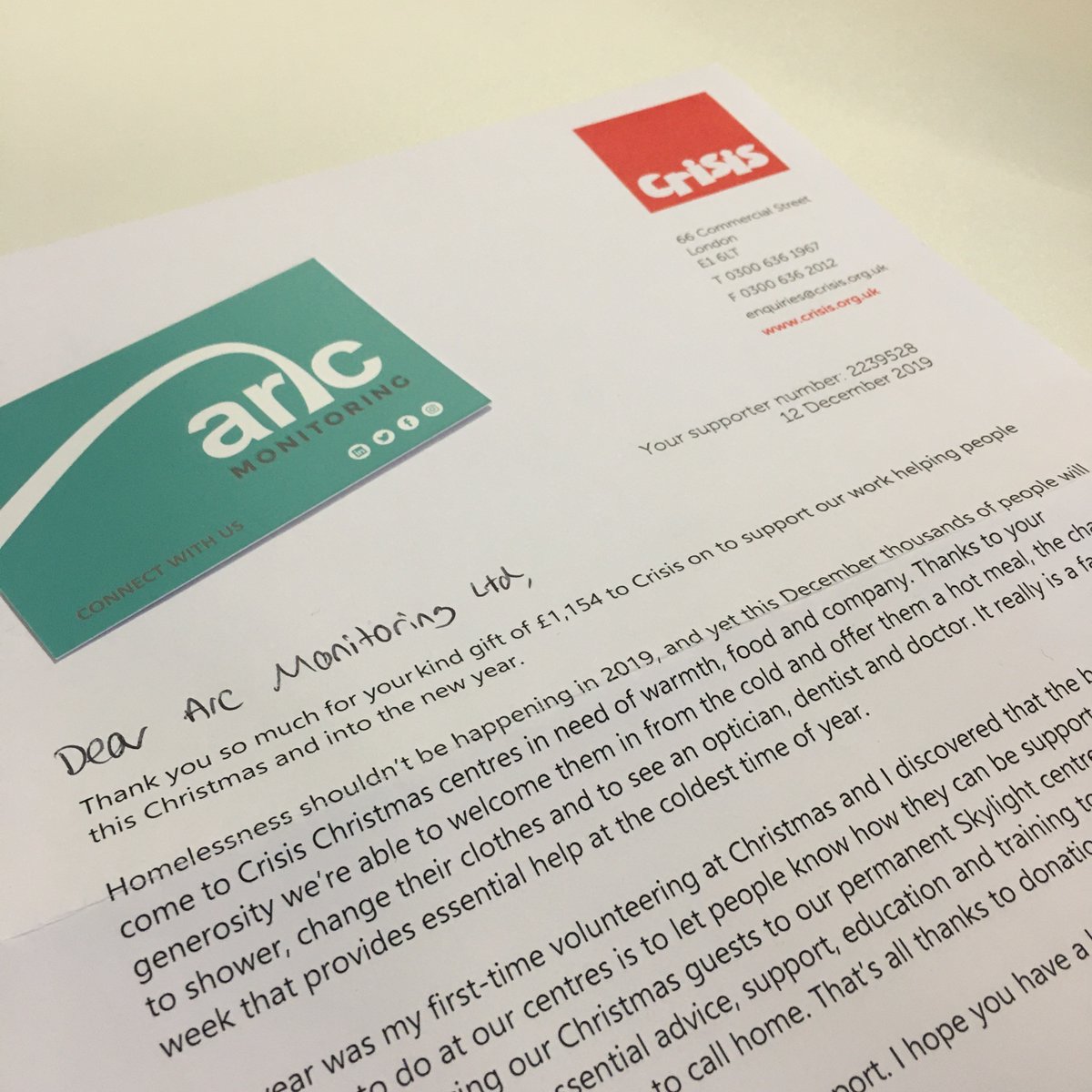 arcmonitoring's tweet photo. For the second year running we're supporting @crisis_uk for their #CrisisAtChristmas campaign.
We've just bought 40 places to help the homeless this Christmas, providing a warm welcome, hot meals & a bed for the night for those in need. 💚
#endhomelessness #givingtothecommunity https://t.co/q9ofqbklnq