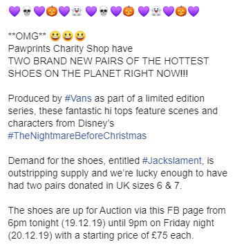 PDRescue's tweet photo. 1/3 Pawprints #Charity Shop have TWO BRAND NEW PAIRS OF THE HOTTEST SHOES ON THE PLANET RIGHT NOW!!! Produced by #Vans as part of a limited edition series, these fantastic hi tops feature scenes and characters from #Disney’s #TheNightmareBeforeChristmas. Demand for the shoes... https://t.co/5CE9eQm7x7
