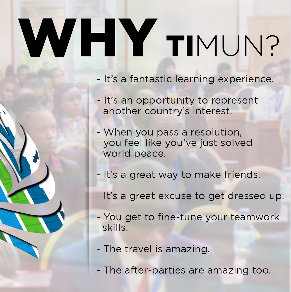YUNA_Tanzania's tweet photo. There are a lot of reasons as to why you shouldn’t miss #TIMUN2020.
Here are some of them!  

#TIMUN2020 #Yunatz #ModelUnitedNations #Youth #InternationalRelations #InternationalGlobalNetwork #Exploretz #Tanzania #sdgs2030 https://t.co/aQwN1E6yFh