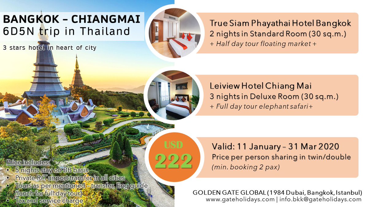 gateholidays's tweet photo. THAILAND PACKAGE
Bangkok &amp; Chiang Mai 6 Days 5 Nights trip
Valid: 11 Jan - 31 Mar 2020
Contact: info.bkk@gateholidays.com
Website: https://t.co/F04t2Sy5Qb

**FOR AGENT PARTNER ONLY**

#thailand #bangkok #chiangmai #travel #holiday #vacation #gateholidays https://t.co/5ASC8RJaPa