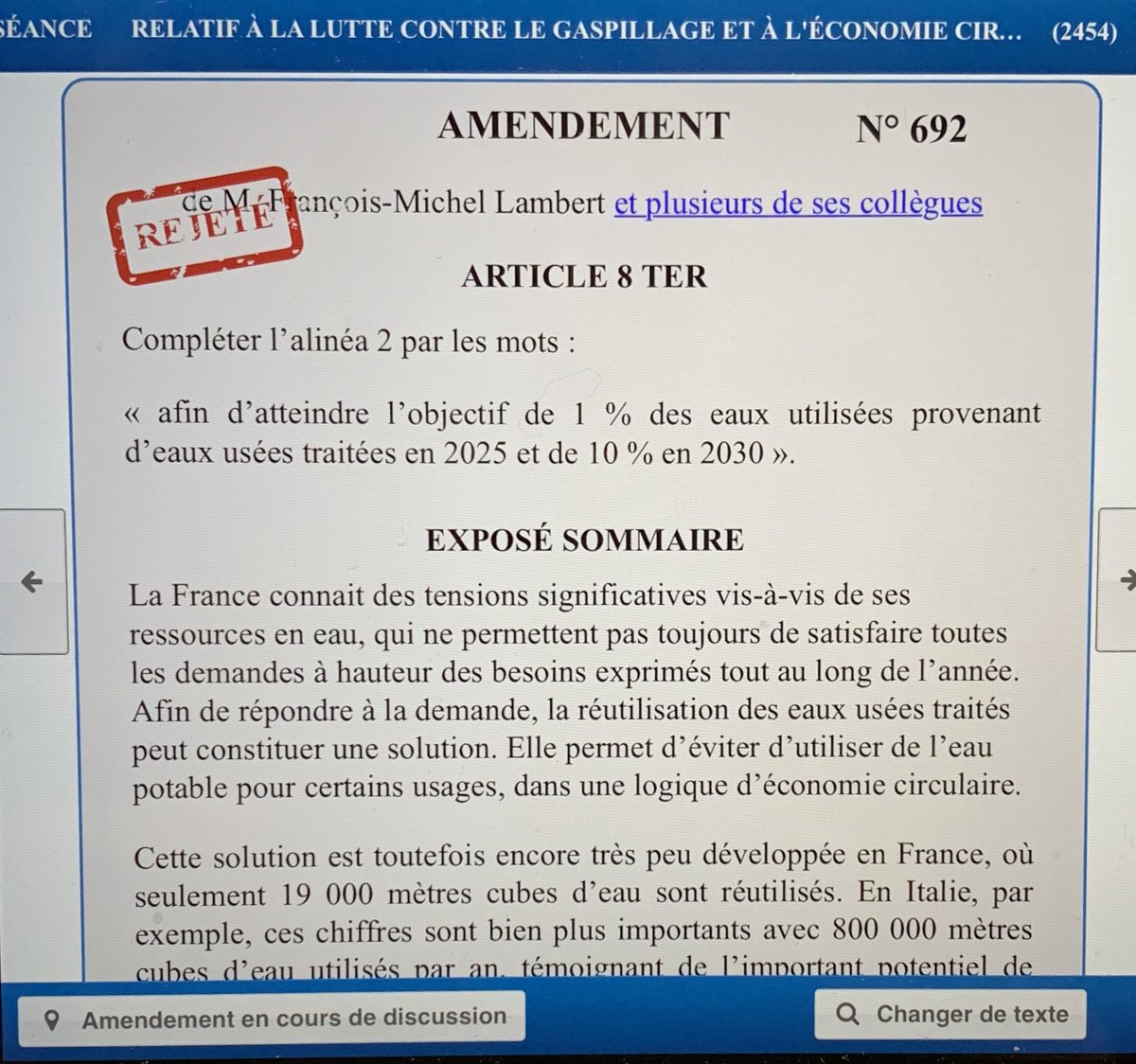 fm_lambert's tweet photo. #DirectAN loi #EconomieCirculaire le gouvernement et majorité #LREM repoussent mon amendement demandant objectif de 1% en 2025 pour la réutilisation des eaux usées traitées. En 🇪🇸 🇮🇱 🇦🇺 🇹🇳 🇮🇹 sont eux déjà au-delà de 10%, voire plus de 50%
Incompréhensible ! https://t.co/oX9CaYeNCk